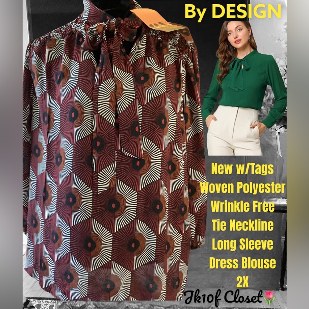 LOWEST🌺 NWT BY DESIGN 2X GEOMETRIC BOW TIE NECKLINE BLOUSE TOP
